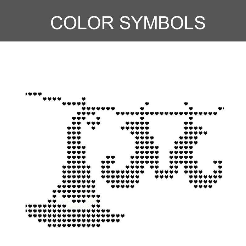 May include: A black and white cross stitch pattern titled COLOR SYMBOLS. The design features a pointed hat on the left and two curled-toe shoes on the right, all constructed from a grid of small heart-shaped symbols on a white background.