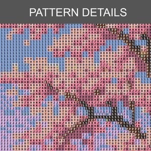 Puede incluir: Un patr&oacute;n pixelado con el texto "PATTERN DETAILS" en la parte superior. El dise&ntilde;o es una cuadr&iacute;cula de cuadrados de colores, con letras y n&uacute;meros. La paleta de colores incluye rosa, azul y marr&oacute;n.