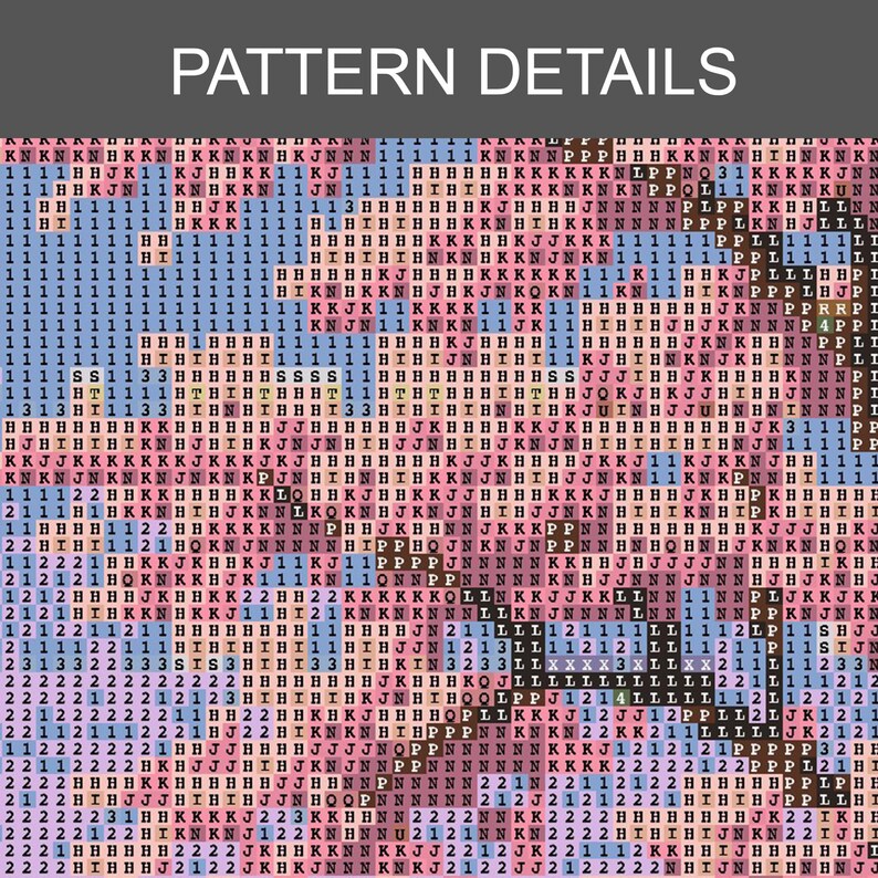 Puede incluir: Un patr&oacute;n pixelado con el texto "PATTERN DETAILS" en la parte superior. El dise&ntilde;o es una cuadr&iacute;cula de cuadrados de colores, con letras y n&uacute;meros. La paleta de colores incluye rosa, azul y marr&oacute;n.