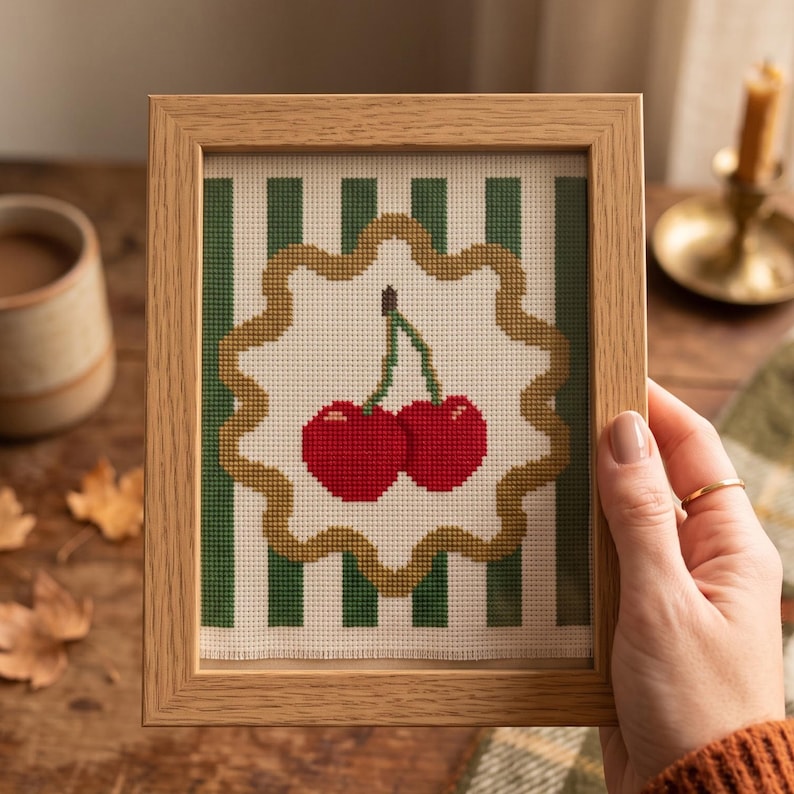 May include: A framed cross-stitch embroidery featuring two bright red cherries with green stems centred on a white scalloped background. The design is set against a backdrop of vertical dark green and white stripes, all encased in a light wood frame.