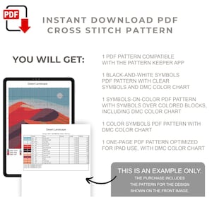 May include: An instant download PDF cross stitch pattern featuring a desert landscape design. Includes a pattern compatible with the Pattern Keeper app, black-and-white symbols, symbols-on-color, color symbols, and a one-page PDF optimized for iPad use.