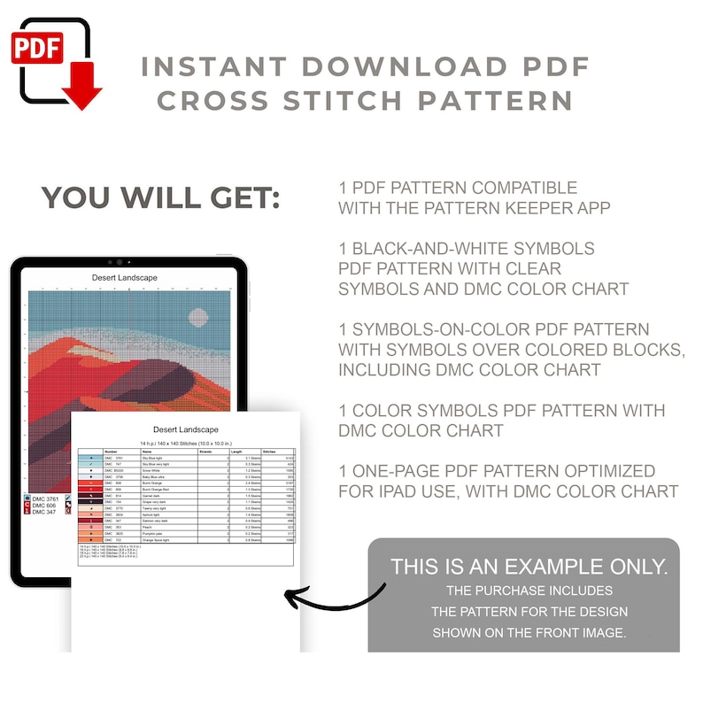 May include: An instant download PDF cross stitch pattern featuring a desert landscape design. Includes a pattern compatible with the Pattern Keeper app, black-and-white symbols, symbols-on-color, color symbols, and a one-page PDF optimized for iPad use.