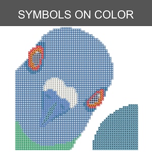 May include: A diamond painting pattern labeled SYMBOLS ON COLOR featuring a blue rounded shape with a white patch, green base, and two red-rimmed oval accents. The design is composed of a grid of small squares, each marked with specific symbols and numbers.