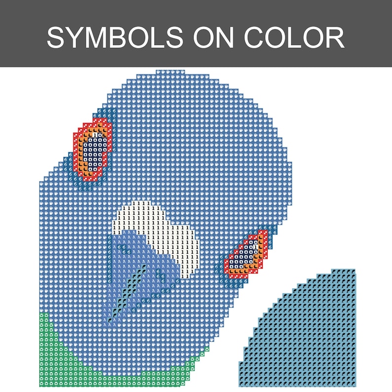 May include: A diamond painting pattern labeled SYMBOLS ON COLOR featuring a blue rounded shape with a white patch, green base, and two red-rimmed oval accents. The design is composed of a grid of small squares, each marked with specific symbols and numbers.