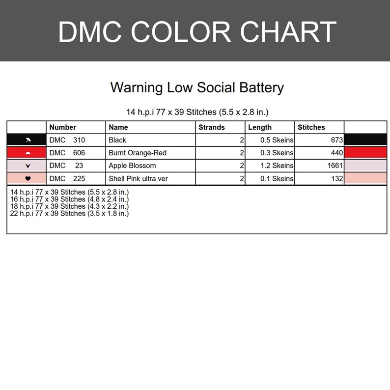 May include: A DMC color chart for a cross-stitch pattern titled Warning Low Social Battery. The table lists four colors: black, burnt orange-red, apple blossom, and shell pink ultra ver, with thread counts, lengths in skeins, and stitch totals.