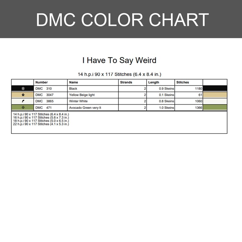 Puede incluir: Una tabla de colores DMC titulada I Have To Say Weird, que presenta una tabla con columnas para n&uacute;mero, nombre, hebras, longitud y puntadas. Enumera DMC 310 Black, 3047 Yellow Beige light, 3865 Winter White y 471 Avocado Green very lt con medidas.