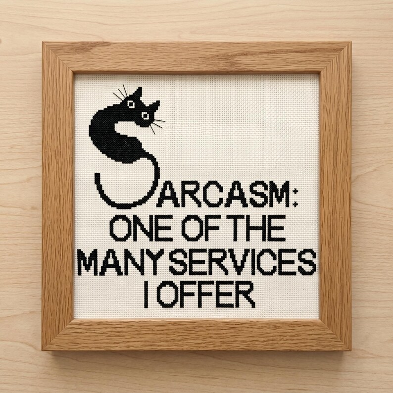 May include: A framed cross-stitch piece featuring a black cat shaped like the letter S, followed by the black text: SARCASM: ONE OF THE MANY SERVICES I OFFER. The design is stitched on white fabric and enclosed in a light-toned wooden square frame.