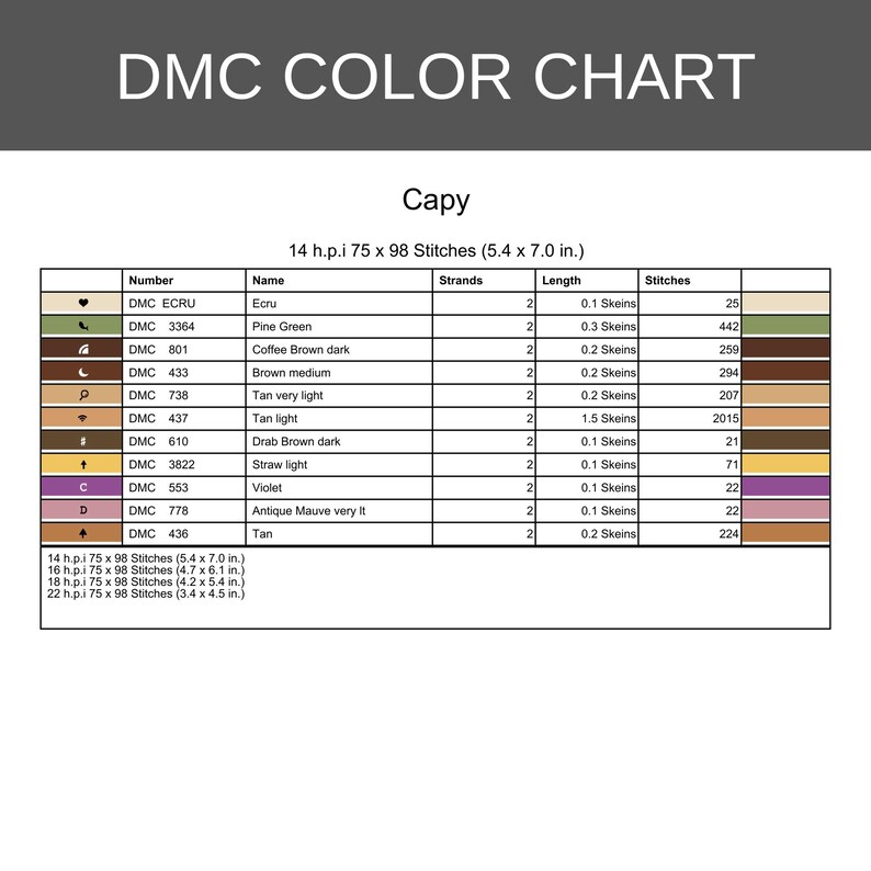 May include: A DMC colour chart for a cross-stitch pattern titled Capy. The table lists thread numbers, names, strand counts, skein lengths, and stitch counts for colours including ecru, pine green, brown, tan, violet, and mauve, with dimensions.