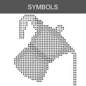 Puede incluir: Un dise&ntilde;o gr&aacute;fico que presenta la palabra SYMBOLS en texto blanco sobre una barra gris oscuro encima de una gran forma de tetera compuesta por peque&ntilde;os iconos negros que incluyen corazones, cuadrados, campanas, tazas y s&iacute;mbolos Wi-Fi.