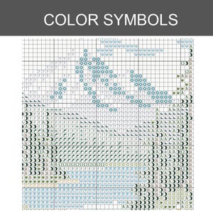 Puede incluir: Un patr&oacute;n de punto de cruz titulado COLOR SYMBOLS, que presenta una cuadr&iacute;cula de cuadrados blancos rellenos con varios s&iacute;mbolos negros y de colores, incluyendo n&uacute;meros, letras, corazones, estrellas y formas geom&eacute;tricas para bordar.