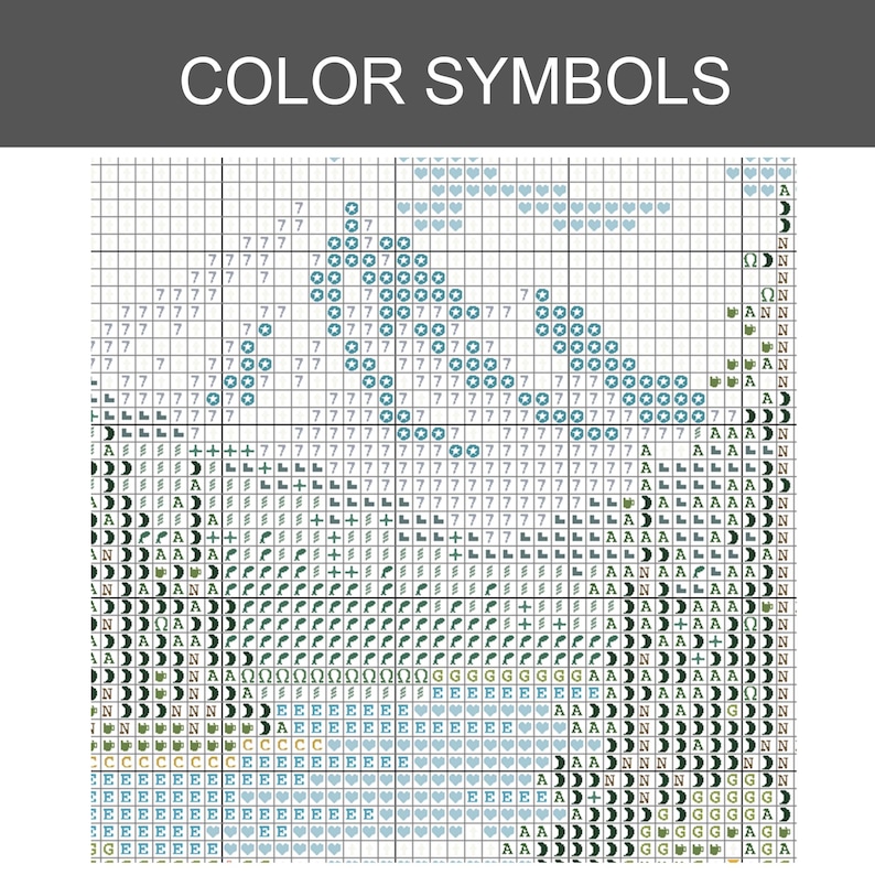 Puede incluir: Un patr&oacute;n de punto de cruz titulado COLOR SYMBOLS, que presenta una cuadr&iacute;cula de cuadrados blancos rellenos con varios s&iacute;mbolos negros y de colores, incluyendo n&uacute;meros, letras, corazones, estrellas y formas geom&eacute;tricas para bordar.