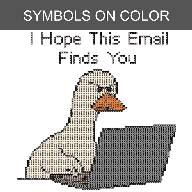 K&ouml;nnte beinhalten: Ein Kreuzstichmuster mit einer wei&szlig;en Gans mit orangefarbenem Schnabel vor einem dunkelgrauen Laptop. Der Text &uuml;ber der Gans lautet "I Hope This Email Finds You" in einer verpixelten Schriftart. Die Kopfzeile zeigt "SYMBOLS ON COLOR".