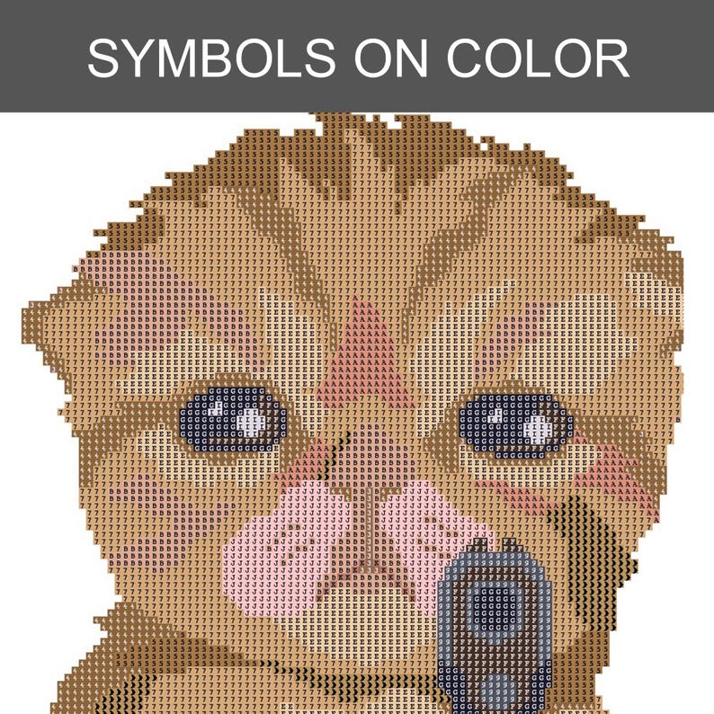 Puede incluir: Un patr&oacute;n de pintura de diamantes que muestra un gato marr&oacute;n sosteniendo una pistola gris, con el texto SYMBOLS ON COLOR en la parte superior. La imagen se compone de una cuadr&iacute;cula de letras y n&uacute;meros que representan c&oacute;digos de color.