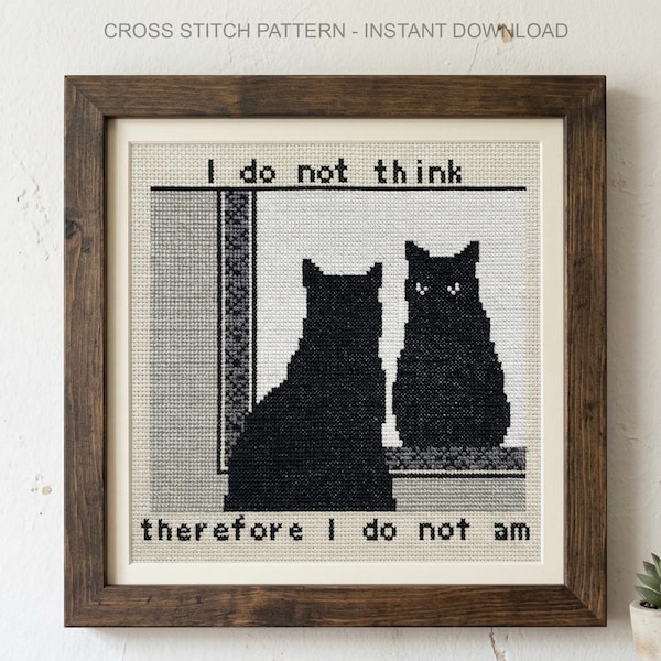 Kruissteekpatroon van een zwarte kat, kruissteek met existentiële filosofie, borduurpatroon met citaat (direct te downloaden)