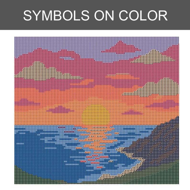 May include: A diamond painting canvas featuring a sunset over the ocean with a rocky coastline. The image is composed of a grid of small squares, each marked with a letter symbol. The sky is pink, orange, and purple with clouds, and the sun is yellow.