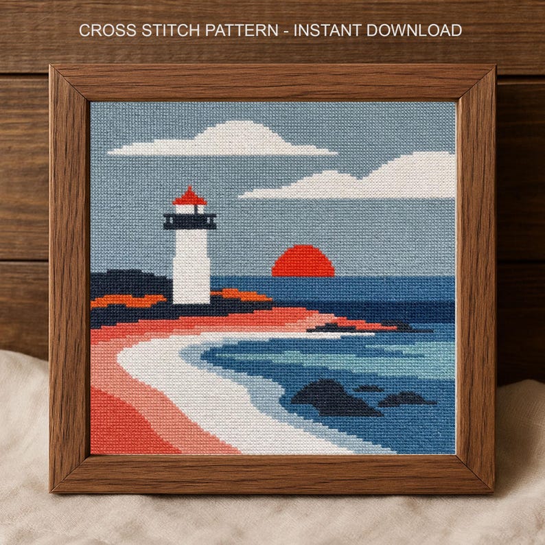 Lighthouse Cross Stitch Pattern, Modern Beach Sunset Needlepoint, Instant Download PDF image 2