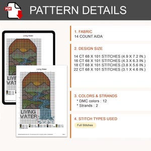 K&ouml;nnte beinhalten: Ein digitales PDF-Kreuzstichmuster mit dem Titel Living Water, das eine Landschaft mit Bergen und einem Wasserfall zeigt. Das Dokument listet 14-Count-Aida-Stoff, Designgr&ouml;&szlig;en von 12,4 x 18,3 cm bis 7,9 x 11,7 cm, 12 DMC-Farben und ganze Stiche auf.