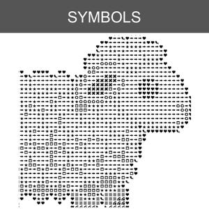 K&ouml;nnte beinhalten: Ein schwarz-wei&szlig;es Kreuzstichmuster-Diagramm mit der &Uuml;berschrift SYMBOLS am oberen Rand. Das Raster enth&auml;lt eine dichte Anordnung sich wiederholender Symbole, darunter Sterne, Herzen, Pfeile, Kreise, Quadrate und horizontale Linien.