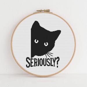 K&ouml;nnte beinhalten: Kreuzstich-Stickerei in einem Holzrahmen. Das Design zeigt den Kopf einer schwarzen Katze auf wei&szlig;em Hintergrund, darunter das Wort "SERIOUSLY?". Die Katze hat wei&szlig;e Augen und Schnurrhaare. Die Stickerei ist in schwarzem Garn.