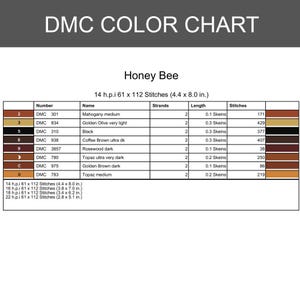 May include: A DMC color chart titled Honey Bee featuring a table with columns for number, name, strands, length in skeins, and stitches. It lists colors like Mahogany medium, Golden Olive, Black, and Topaz with dimensions in inches for various counts.