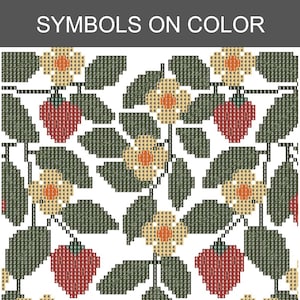 May include: A cross-stitch pattern chart titled SYMBOLS ON COLOR featuring a repeating botanical design of red strawberries, yellow flowers with orange centers, and dark green leaves, with each section marked by numerical symbols for color guidance.