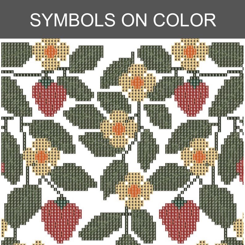 May include: A cross-stitch pattern chart titled SYMBOLS ON COLOR featuring a repeating botanical design of red strawberries, yellow flowers with orange centers, and dark green leaves, with each section marked by numerical symbols for color guidance.