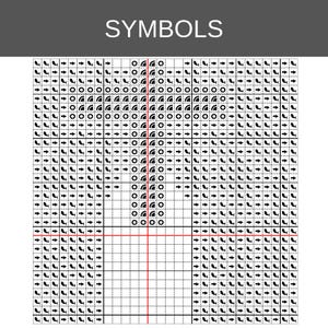May include: A black and white cross stitch pattern chart labeled SYMBOLS at the top. The grid features repeating black icons including arrows, circles, and semi-circles arranged in a symmetrical design with a central red vertical line.