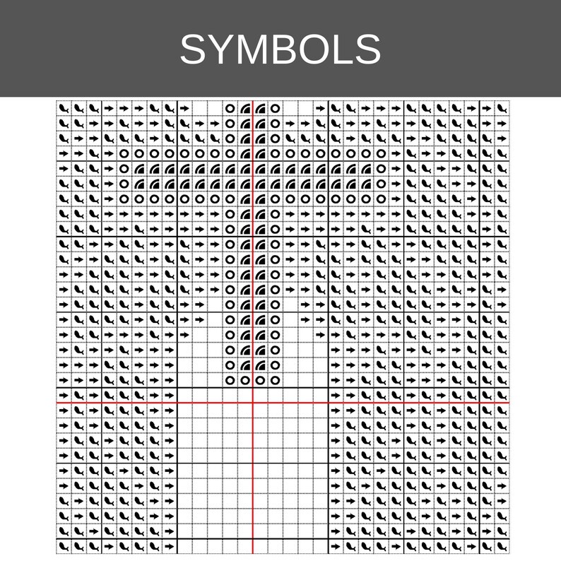 May include: A black and white cross stitch pattern chart labeled SYMBOLS at the top. The grid features repeating black icons including arrows, circles, and semi-circles arranged in a symmetrical design with a central red vertical line.