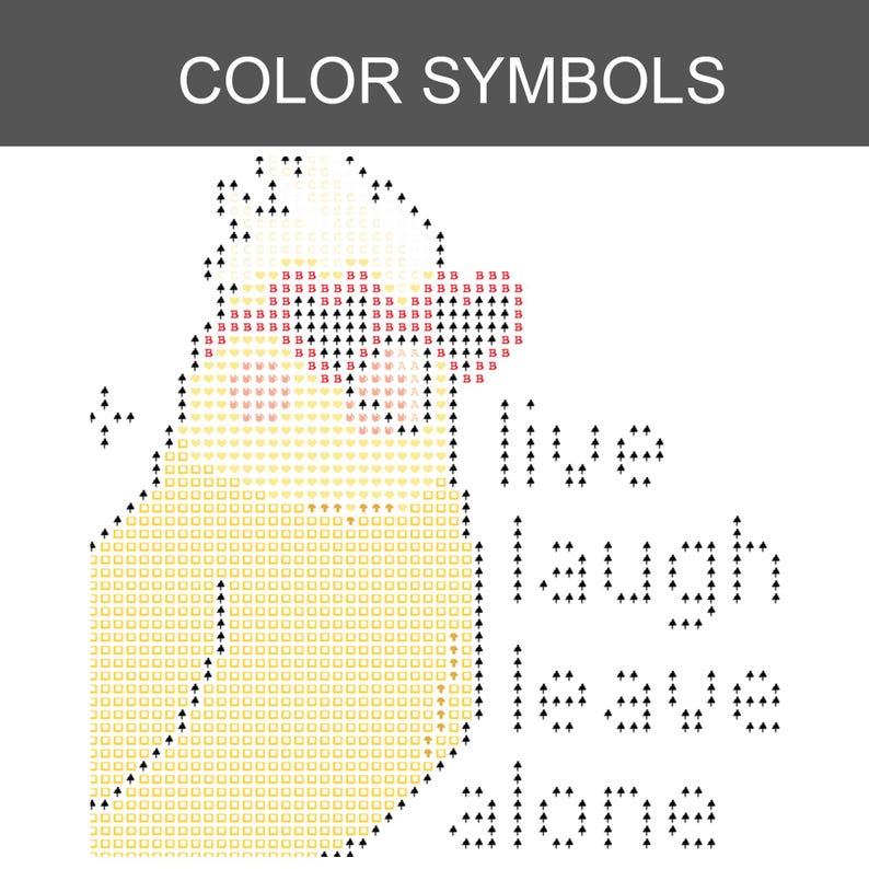 K&ouml;nnte beinhalten: Ein Diamond-Painting-Muster mit einem gelben Nymphensittich, der eine rote Sonnenbrille tr&auml;gt. Das Design enth&auml;lt den Text "live laugh leave alone", der aus schwarzen Pfeilsymbolen besteht. Das Raster verwendet Symbole wie B, Herzen und Quadrate.