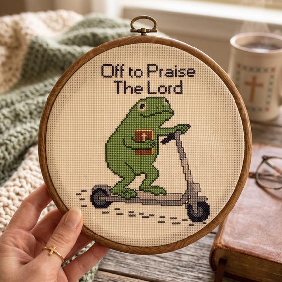 Frog Cross Stitch Pattern | Christian Religious Humor Needlepoint (Digital Download)