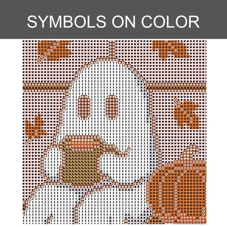 Peut inclure: Un diagramme de point de croix intitul&eacute; SYMBOLS ON COLOR compos&eacute; d'une grille de symboles. Le motif repr&eacute;sente un fant&ocirc;me blanc tenant une tasse marron, entour&eacute; de feuilles d'automne orange et d'une citrouille, le tout en format grille.