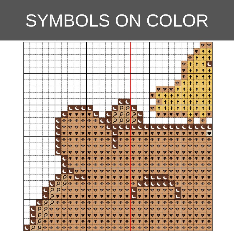May include: A cross stitch pattern chart titled SYMBOLS ON COLOR featuring a grid with brown squares marked by Wi-Fi and crescent moon symbols, and a yellow section with upward arrow symbols. The design uses a black grid overlay.