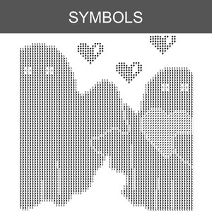 Pode incluir: Um padr&atilde;o de ponto cruz em preto e branco com o t&iacute;tulo SYMBOLS no topo. O design apresenta duas grandes formas semelhantes a fantasmas voltadas uma para a outra, constru&iacute;das com s&iacute;mbolos repetidos e o n&uacute;mero 5, com dois cora&ccedil;&otilde;es entre elas.
