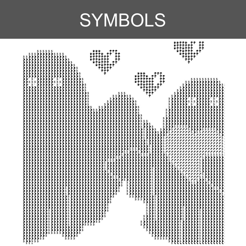 Pode incluir: Um padr&atilde;o de ponto cruz em preto e branco com o t&iacute;tulo SYMBOLS no topo. O design apresenta duas grandes formas semelhantes a fantasmas voltadas uma para a outra, constru&iacute;das com s&iacute;mbolos repetidos e o n&uacute;mero 5, com dois cora&ccedil;&otilde;es entre elas.