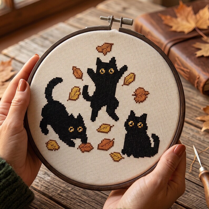 May include: A circular wooden embroidery hoop containing a piece of off-white fabric with a cross-stitch design. The pattern features three black cats with yellow eyes surrounded by scattered autumn leaves in shades of orange, brown, and gold.