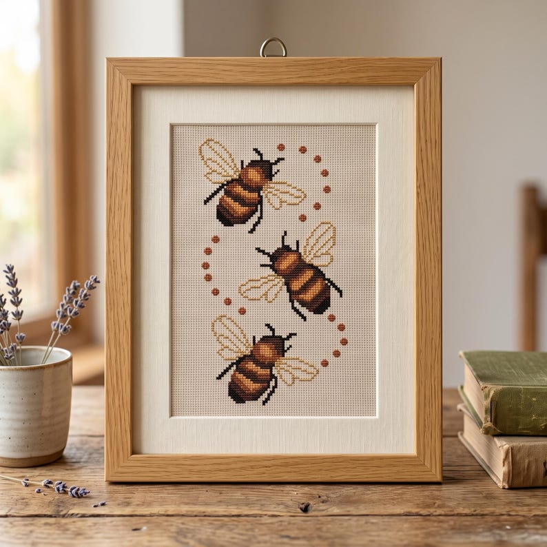 May include: A framed cross-stitch embroidery featuring three bumblebees arranged in a vertical, slightly curved line. The bees have brown and black striped bodies with light-colored wings. A series of small, reddish-brown dots follows their path.