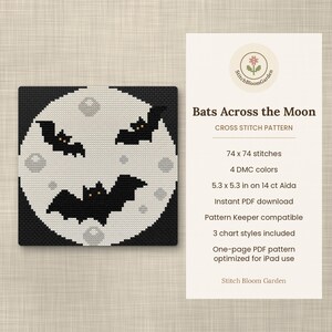 Pu&ograve; includere: Uno schema a punto croce intitolato Bats Across the Moon con tre pipistrelli neri dagli occhi arancioni che volano davanti a una grande luna bianca su sfondo nero. Il testo include 74 x 74 punti, 4 colori DMC e 13,5 x 13,5 cm su Aida 14 ct.