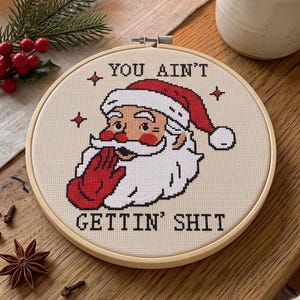 May include: A circular wooden embroidery hoop containing a cross-stitch design on beige fabric. The design features a cartoon Santa Claus wearing a red hat and glove, with the black text YOU AIN'T GETTIN' SHIT embroidered above and below the figure.