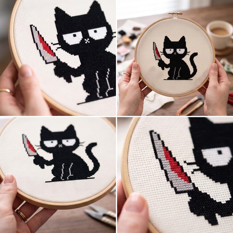 Pu&ograve; includere: Un progetto di ricamo a punto croce in un telaio di legno rotondo raffigurante un gatto nero pixelato con occhi bianchi che tiene un coltello argentato con la punta rossa. Il disegno &egrave; ricamato su tessuto bianco con griglia visibile.