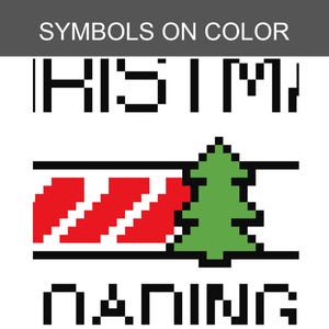 Pu&ograve; includere: Un design grafico digitale con il testo SYMBOLS ON COLOR in alto. Sotto, un motivo pixelato mostra la parola CHRISTMAS, una fascia orizzontale con strisce diagonali rosse, un'icona di un abete verde e la parola DANCING in basso.