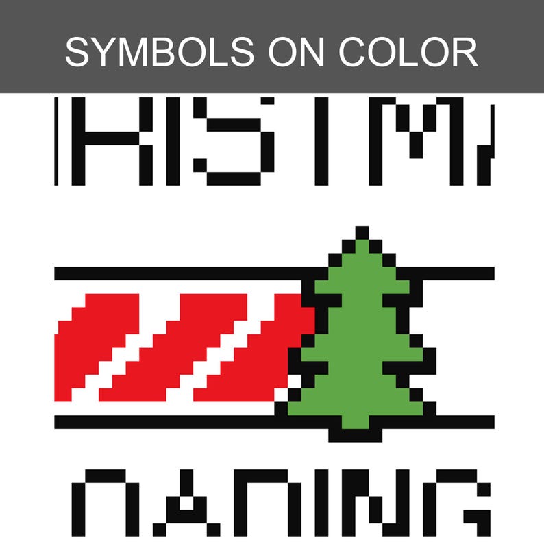 Pu&ograve; includere: Un design grafico digitale con il testo SYMBOLS ON COLOR in alto. Sotto, un motivo pixelato mostra la parola CHRISTMAS, una fascia orizzontale con strisce diagonali rosse, un'icona di un abete verde e la parola DANCING in basso.