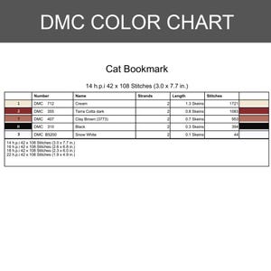 Pode incluir: Tabela de cores DMC para um marcador de gato. A tabela inclui n&uacute;meros de cores, nomes, fios, comprimento e pontos. O marcador mede 7,6 x 19,6 cm e tem 14 h.p.i. As cores incluem creme, terracota escuro, castanho argila, preto e branco neve.