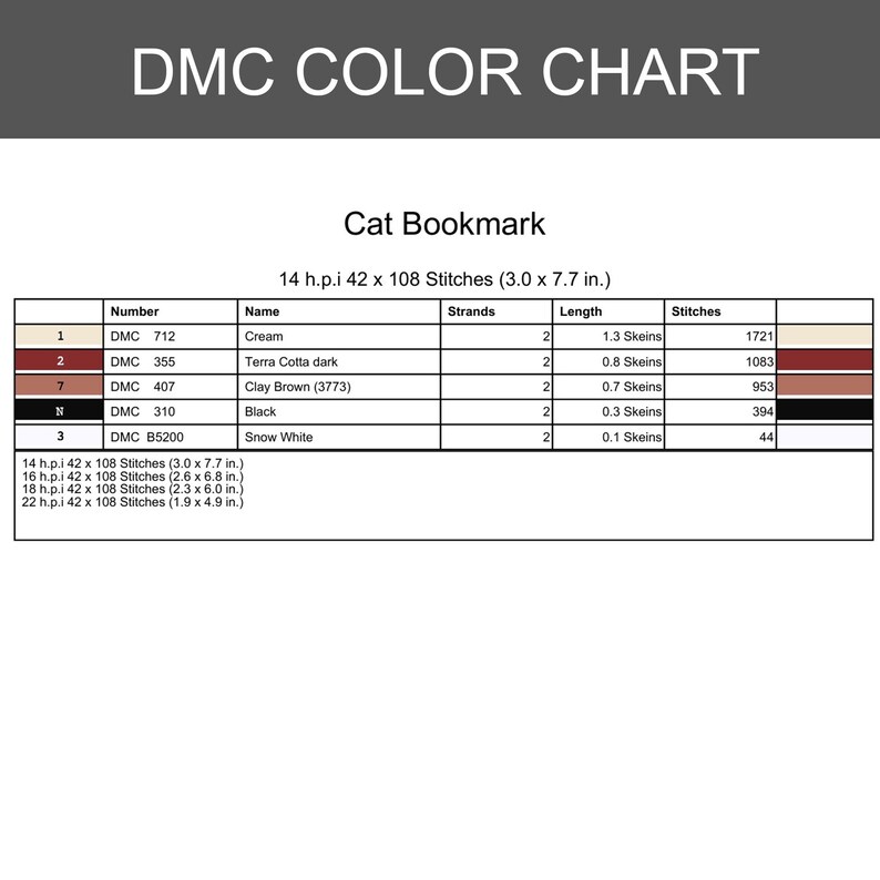 Pode incluir: Tabela de cores DMC para um marcador de gato. A tabela inclui n&uacute;meros de cores, nomes, fios, comprimento e pontos. O marcador mede 7,6 x 19,6 cm e tem 14 h.p.i. As cores incluem creme, terracota escuro, castanho argila, preto e branco neve.