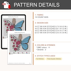 Peut inclure: Un mod&egrave;le de point de croix num&eacute;rique intitul&eacute; Butterfly Wing Woman-Girl pr&eacute;sentant une grille avec une personne, une aile de papillon et des fleurs. Le document indique une toile Aida 14 count, des tailles en pouces, 11 couleurs DMC et les points.