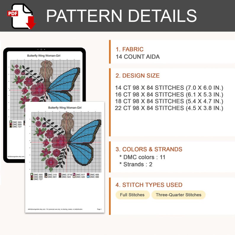 Peut inclure: Un mod&egrave;le de point de croix num&eacute;rique intitul&eacute; Butterfly Wing Woman-Girl pr&eacute;sentant une grille avec une personne, une aile de papillon et des fleurs. Le document indique une toile Aida 14 count, des tailles en pouces, 11 couleurs DMC et les points.