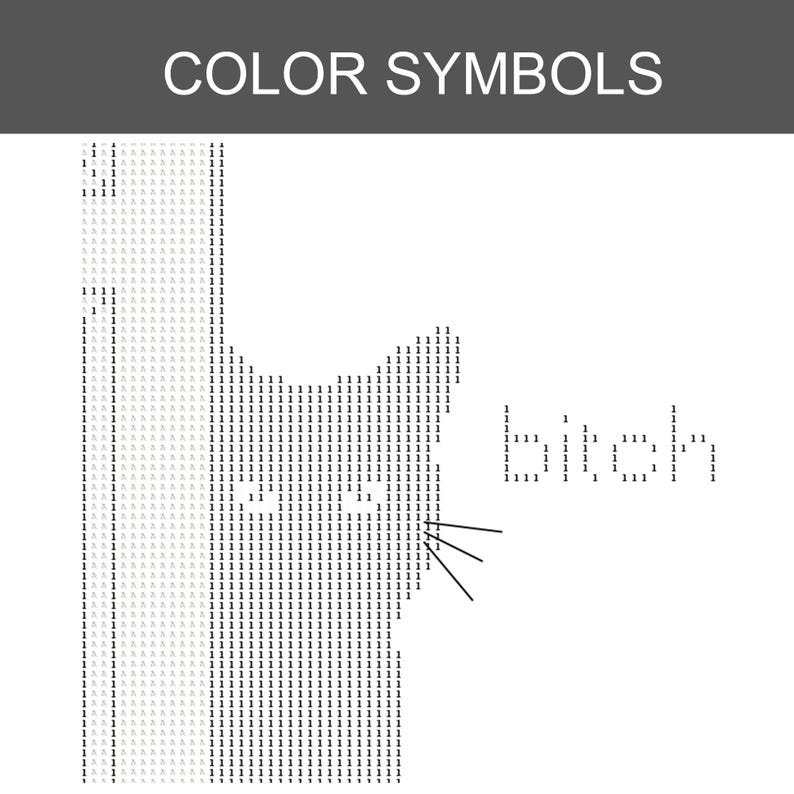 Puede incluir: Un patr&oacute;n de pintura de diamantes blanco y gris titulado COLOR SYMBOLS que presenta una silueta de gato formada por el n&uacute;mero 1. La palabra bitch est&aacute; escrita en estilo de matriz de puntos a la derecha del gato, con tres l&iacute;neas negras como bigotes.