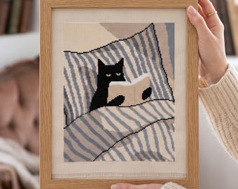 Black Cat Reading Cross Stitch Pattern | Reading PDF Embroidery | Instant Download