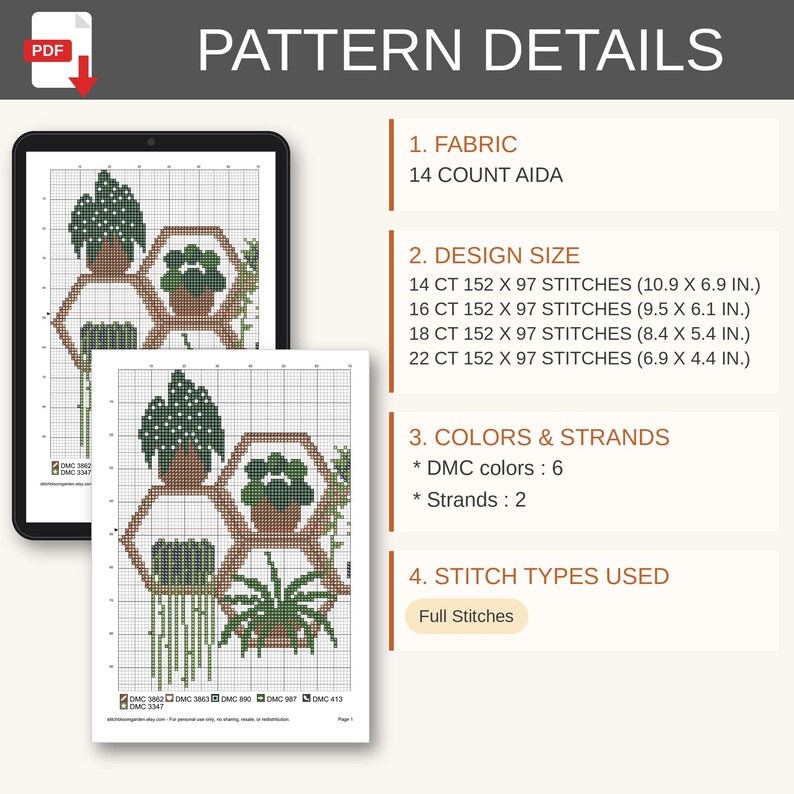 May include: A digital cross-stitch pattern document titled PATTERN DETAILS. It lists 14 count Aida fabric, design sizes for 14, 16, 18, and 22 count fabric in inches, 6 DMC colors, 2 strands, and full stitches. The pattern shows potted plants in hexagons.