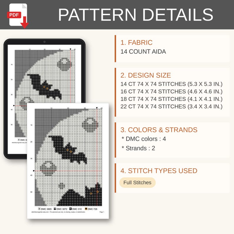 Pu&ograve; includere: Un modello digitale a punto croce in PDF intitolato PATTERN DETAILS con un design di un pipistrello e una luna. Il documento elenca tela Aida 14 count, dimensioni del design da 13,5 x 13,5 cm a 8,6 x 8,6 cm, 4 colori DMC e 2 fili.