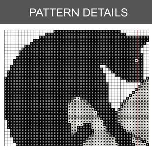 May include: A cross-stitch pattern detail with the text "PATTERN DETAILS" at the top. The design features a black and white image with a grid of squares, showing a stylized shape. The pattern uses "N" and "X" symbols.